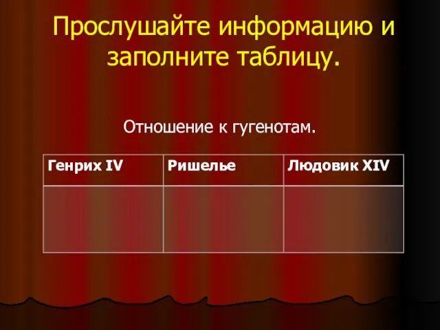 Прослушайте информацию и заполните таблицу. Отношение к гугенотам.