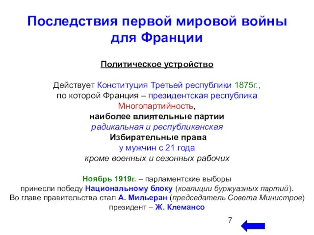 Последствия первой мировой войны для Франции Политическое устройство Действует Конституция Третьей республики