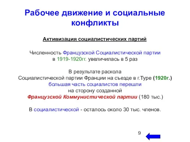 Рабочее движение и социальные конфликты Активизация социалистических партий Численность Французской Социалистической партии