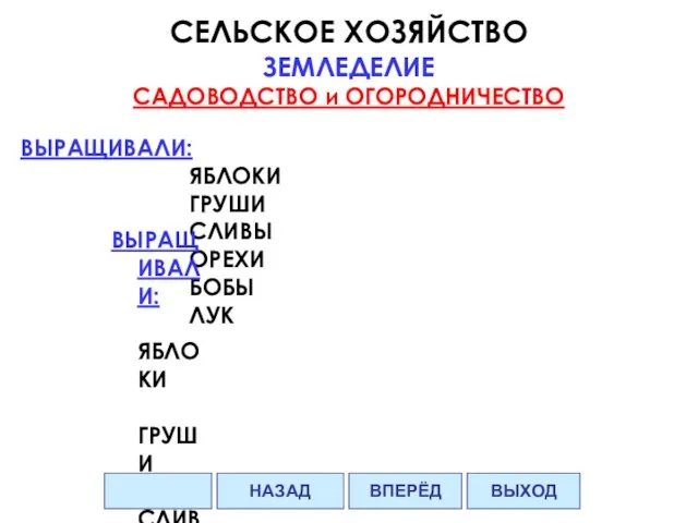 СЕЛЬСКОЕ ХОЗЯЙСТВО ЗЕМЛЕДЕЛИЕ САДОВОДСТВО и ОГОРОДНИЧЕСТВО ВЫРАЩИВАЛИ: ЯБЛОКИ ГРУШИ СЛИВЫ ОРЕХИ БОБЫ