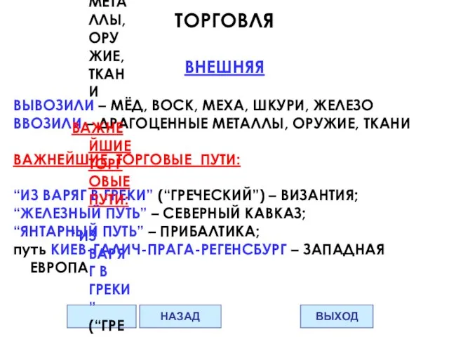 ТОРГОВЛЯ ВНЕШНЯЯ ВЫВОЗИЛИ – МЁД, ВОСК, МЕХА, ШКУРИ, ЖЕЛЕЗО ВВОЗИЛИ – ДРАГОЦЕННЫЕ