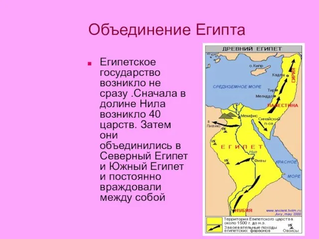 Объединение Египта Египетское государство возникло не сразу .Сначала в долине Нила возникло