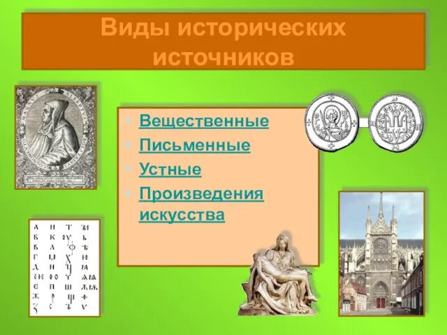 Виды исторических источников Вещественные Письменные Устные Произведения искусства