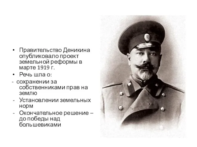 Правительство Деникина опубликовало проект земельной реформы в марте 1919 г. Речь шла