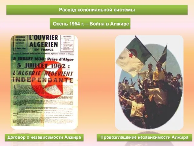 Распад колониальной системы Осень 1954 г. – Война в Алжире Договор о