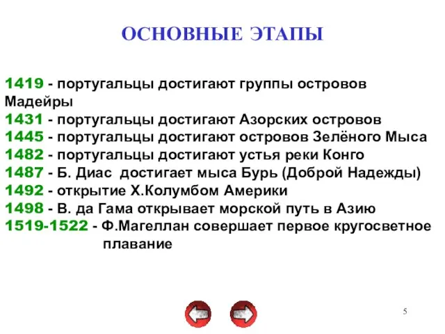 ОСНОВНЫЕ ЭТАПЫ 1419 - португальцы достигают группы островов Мадейры 1431 - португальцы