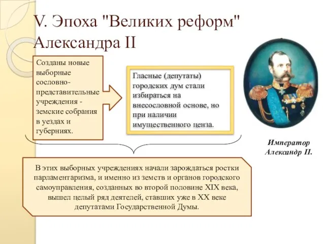 V. Эпоха "Великих реформ" Александра II Созданы новые выборные сословно-представительные учреждения -земские