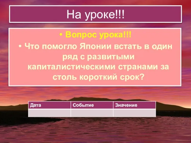 На уроке!!! Вопрос урока!!! Что помогло Японии встать в один ряд с