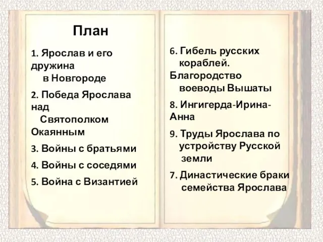 1. Ярослав и его дружина в Новгороде 2. Победа Ярослава над Святополком