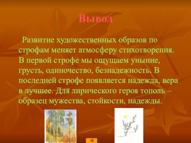 Вывод Развитие художественных образов по строфам меняет атмосферу стихотворения. В первой строфе