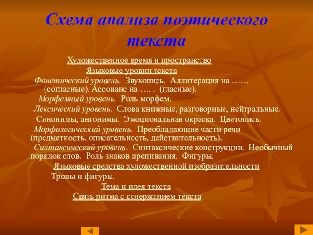 Схема анализа поэтического текста Художественное время и пространство Языковые уровни текста Фонетический