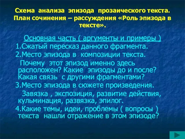 Схема анализа эпизода прозаического текста. План сочинения – рассуждения «Роль эпизода в