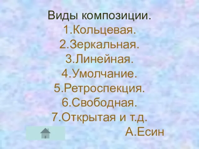 Виды композиции. 1.Кольцевая. 2.Зеркальная. 3.Линейная. 4.Умолчание. 5.Ретроспекция. 6.Свободная. 7.Открытая и т.д. А.Есин