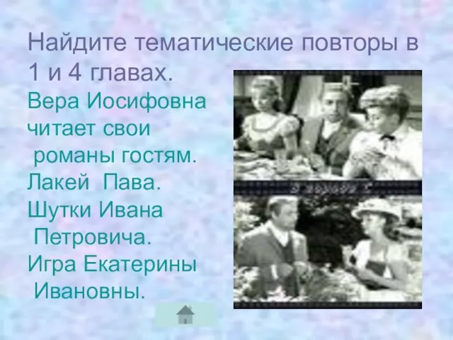 Найдите тематические повторы в 1 и 4 главах. Вера Иосифовна читает свои