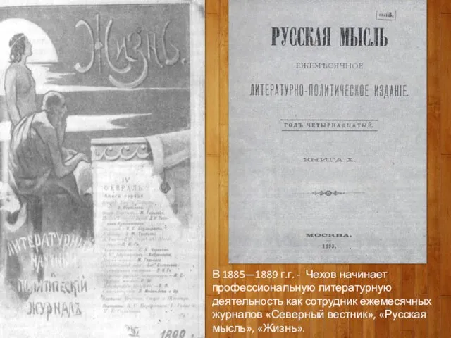 В 1885—1889 г.г. - Чехов начинает профессиональную литературную деятельность как сотрудник ежемесячных