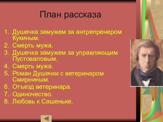 План рассказа Душечка замужем за антрепренером Кукиным. Смерть мужа. Душечка замужем за