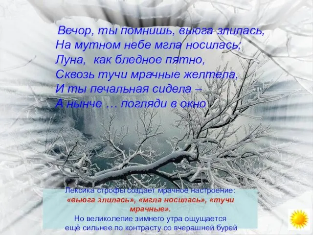 Вечор, ты помнишь, вьюга злилась, На мутном небе мгла носилась; Луна, как