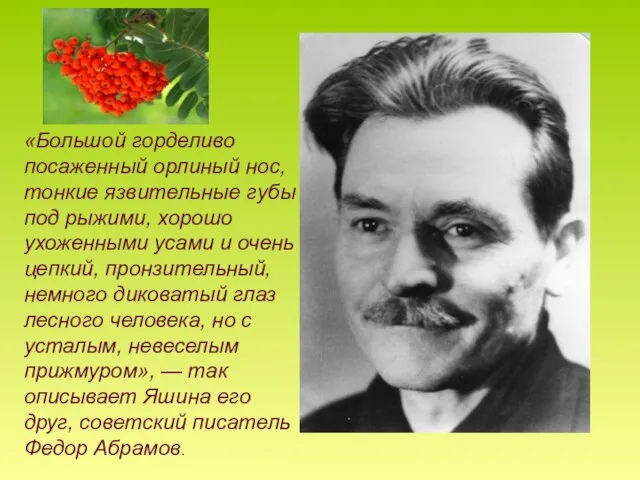 «Большой горделиво посаженный орлиный нос, тонкие язвительные губы под рыжими, хорошо ухоженными