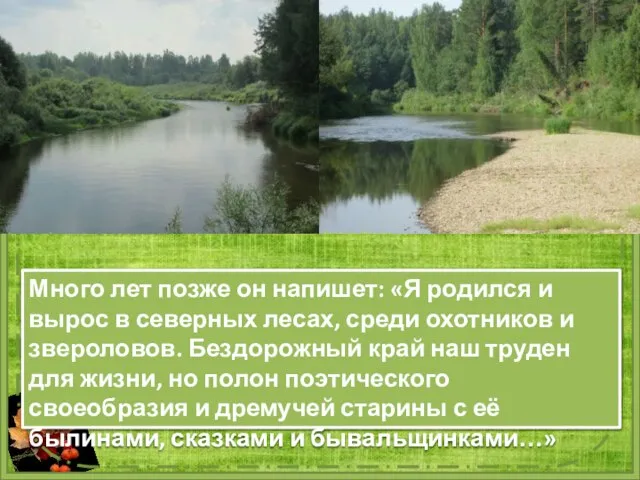 Много лет позже он напишет: «Я родился и вырос в северных лесах,