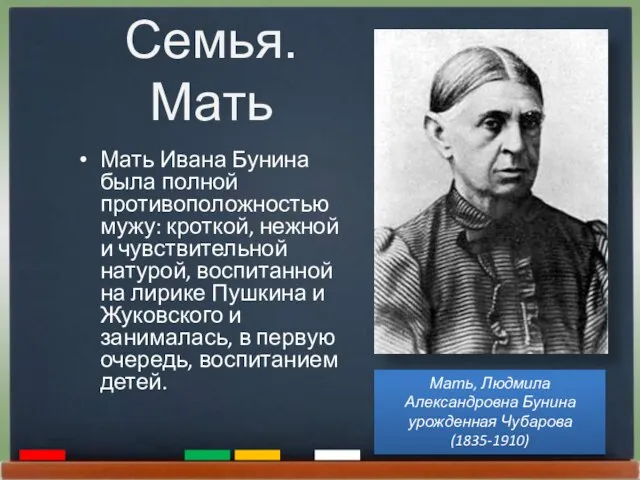 Семья. Мать Мать Ивана Бунина была полной противоположностью мужу: кроткой, нежной и