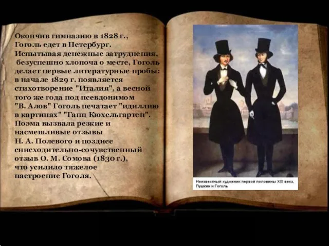 Окончив гимназию в 1828 г., Гоголь едет в Петербург. Испытывая денежные затруднения,