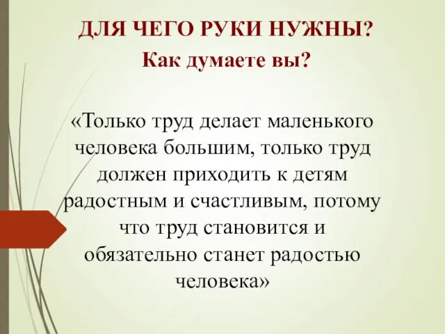 ДЛЯ ЧЕГО РУКИ НУЖНЫ? Как думаете вы? «Только труд делает маленького человека