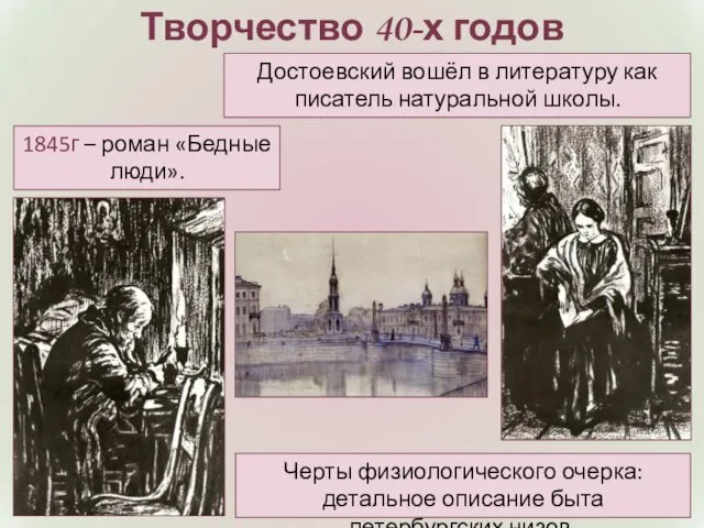 Творчество 40-х годов 1845г – роман «Бедные люди». Достоевский вошёл в литературу