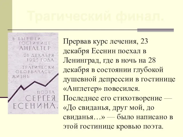 Прервав курс лечения, 23 декабря Есенин поехал в Ленинград, где в ночь