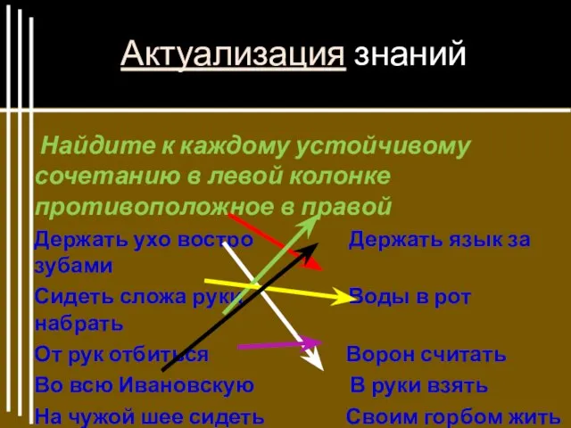 Актуализация знаний Найдите к каждому устойчивому сочетанию в левой колонке противоположное в