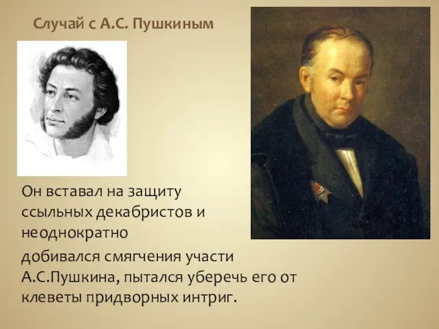 Случай с А.С. Пушкиным Он вставал на защиту ссыльных декабристов и неоднократно