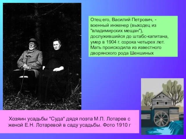 Хозяин усадьбы "Суда" дядя поэта М.П. Лотарев с женой Е.Н. Лотаревой в