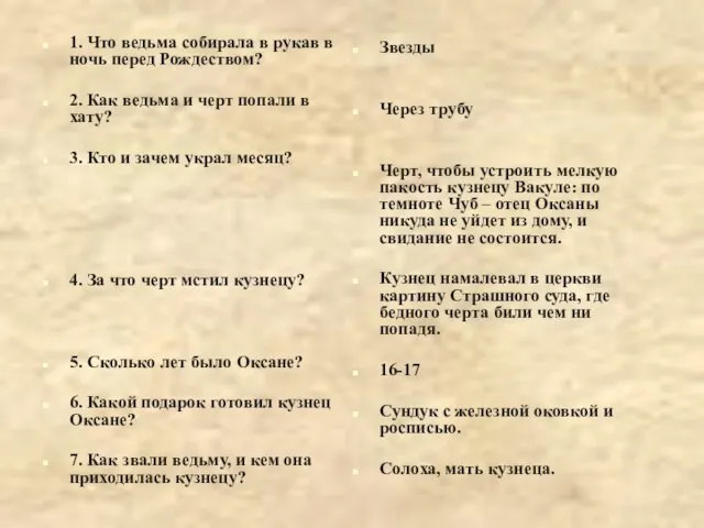 1. Что ведьма собирала в рукав в ночь перед Рождеством? 2. Как