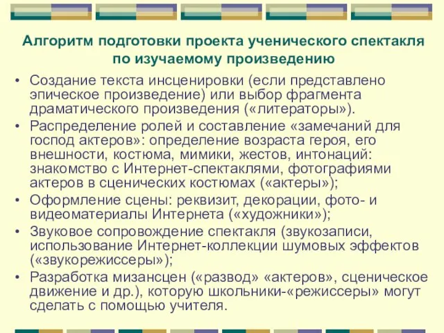 Алгоритм подготовки проекта ученического спектакля по изучаемому произведению Создание текста инсценировки (если