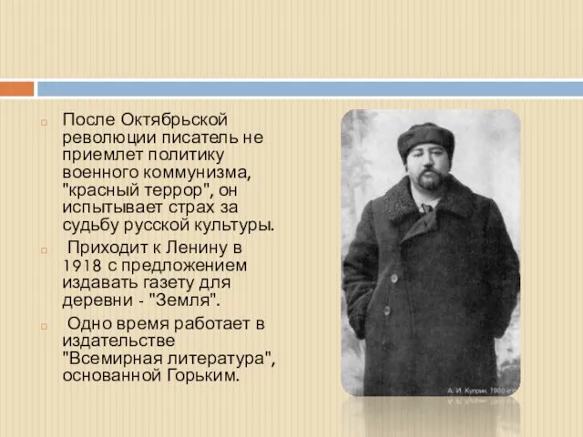 После Октябрьской революции писатель не приемлет политику военного коммунизма, "красный террор", он