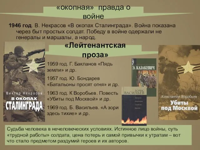 1946 год. В. Некрасов «В окопах Сталинграда». Война показана через быт простых