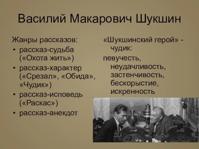 Василий Макарович Шукшин Жанры рассказов: рассказ-судьба («Охота жить») рассказ-характер («Срезал», «Обида», «Чудик»)