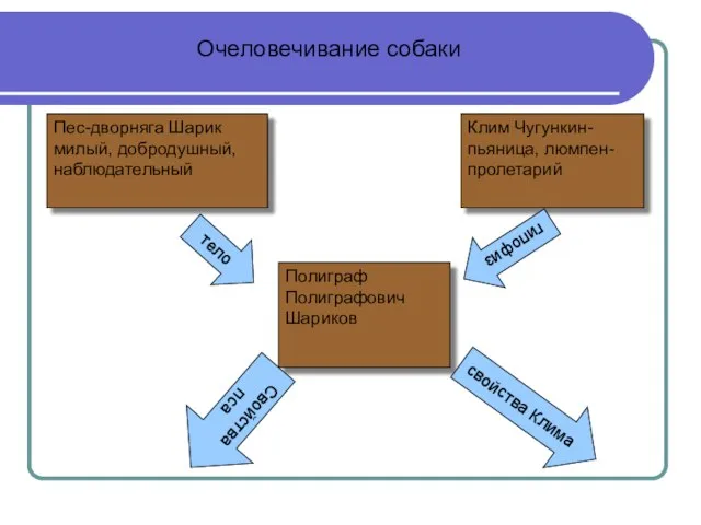 Клим Чугункин- пьяница, люмпен-пролетарий Пес-дворняга Шарик милый, добродушный, наблюдательный Полиграф Полиграфович Шариков