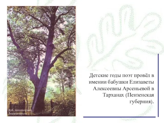 Детские годы поэт провёл в имении бабушки Елизаветы Алексеевны Арсеньевой в Тарханах (Пензенская губерния).