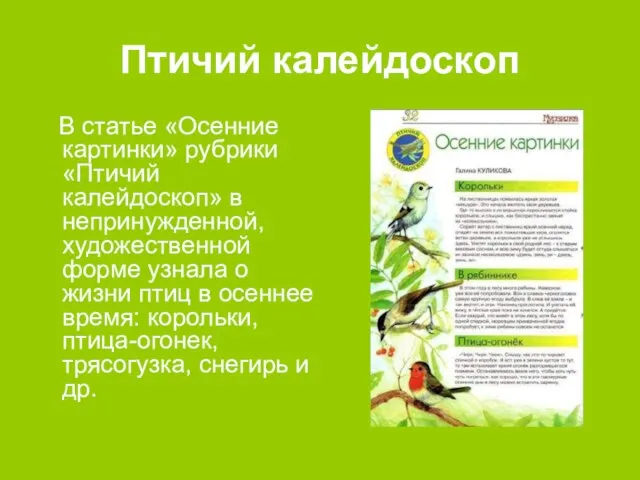 Птичий калейдоскоп В статье «Осенние картинки» рубрики «Птичий калейдоскоп» в непринужденной, художественной