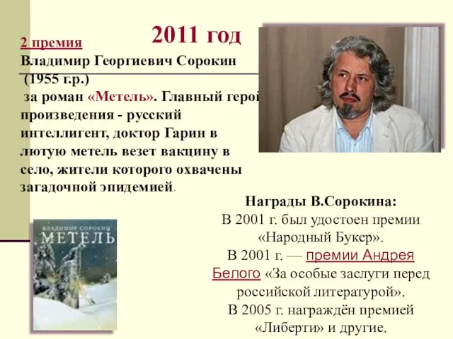 2011 год 2 премия Владимир Георгиевич Сорокин (1955 г.р.) за роман «Метель».