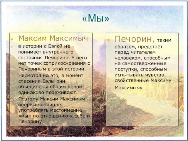 «Мы» Максим Максимыч в истории с Бэлой не понимает внутреннего состояния Печорина.
