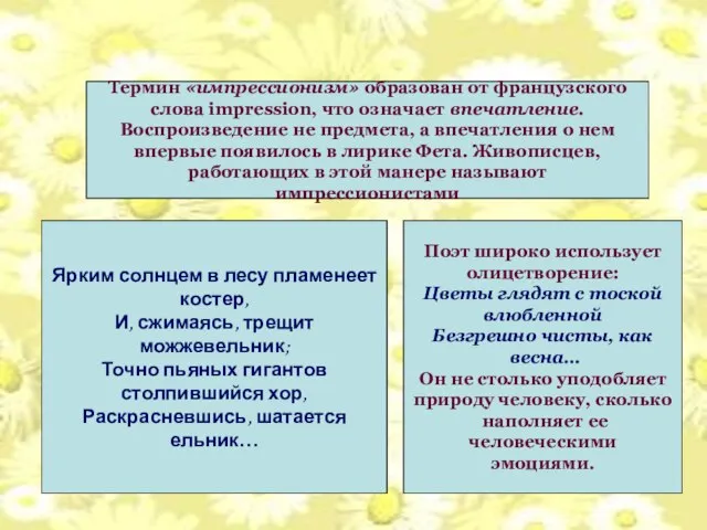 Импрессионизм в лирике А.Фета Термин «импрессионизм» образован от французского слова impression, что