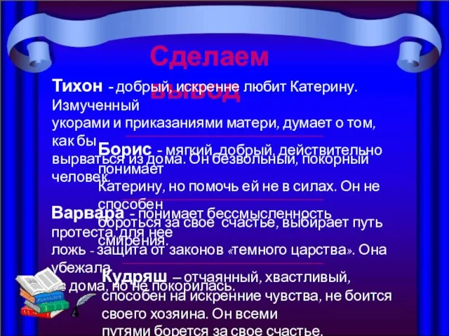 Сделаем вывод Тихон - добрый, искренне любит Катерину. Измученный укорами и приказаниями