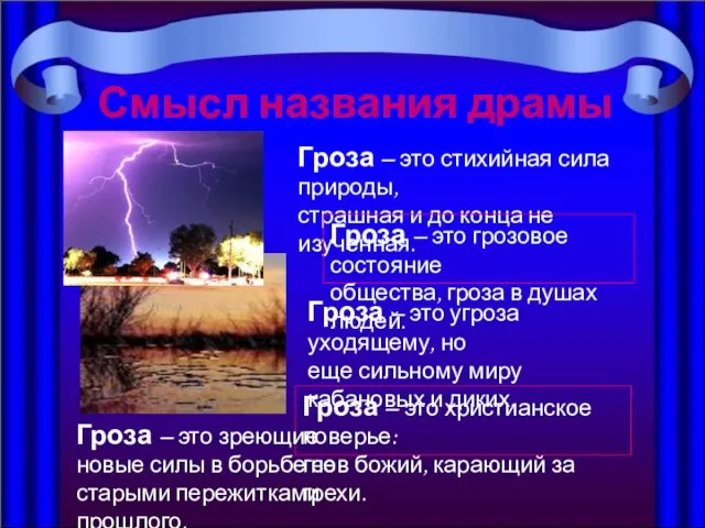 Смысл названия драмы «Гроза» Гроза – это стихийная сила природы, страшная и