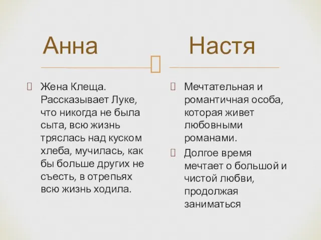 Жена Клеща. Рассказывает Луке, что никогда не была сыта, всю жизнь тряслась