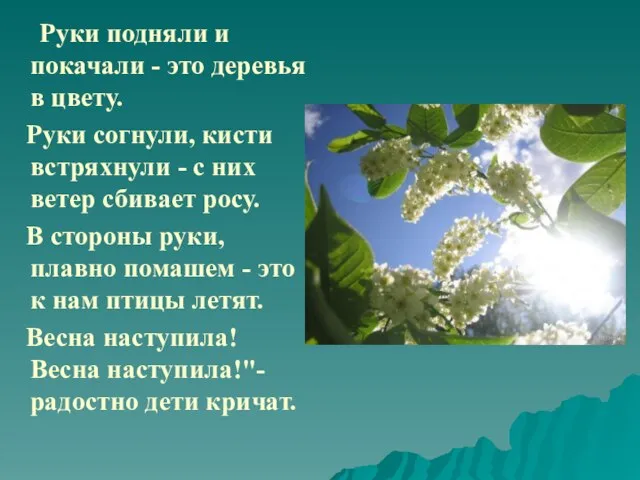 Руки подняли и покачали - это деревья в цвету. Руки согнули, кисти