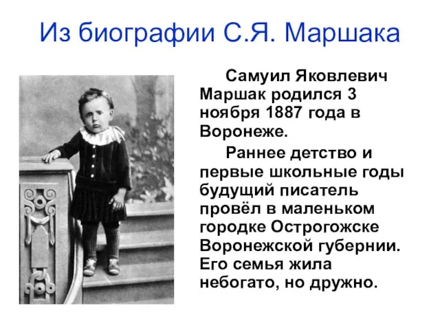 Из биографии С.Я. Маршака Самуил Яковлевич Маршак родился 3 ноября 1887 года