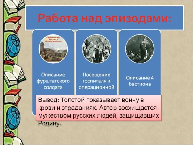 Работа над эпизодами: Вывод: Толстой показывает войну в крови и страданиях. Автор