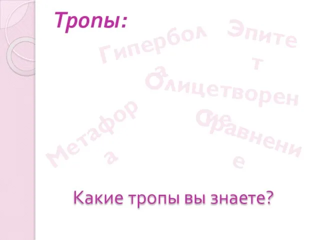 Тропы: Гипербола Олицетворение Эпитет Сравнение Метафора Какие тропы вы знаете?