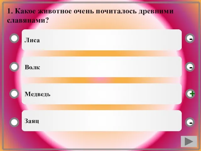 1. Какое животное очень почиталось древними славянами? Лиса Волк Медведь Заяц - - + -